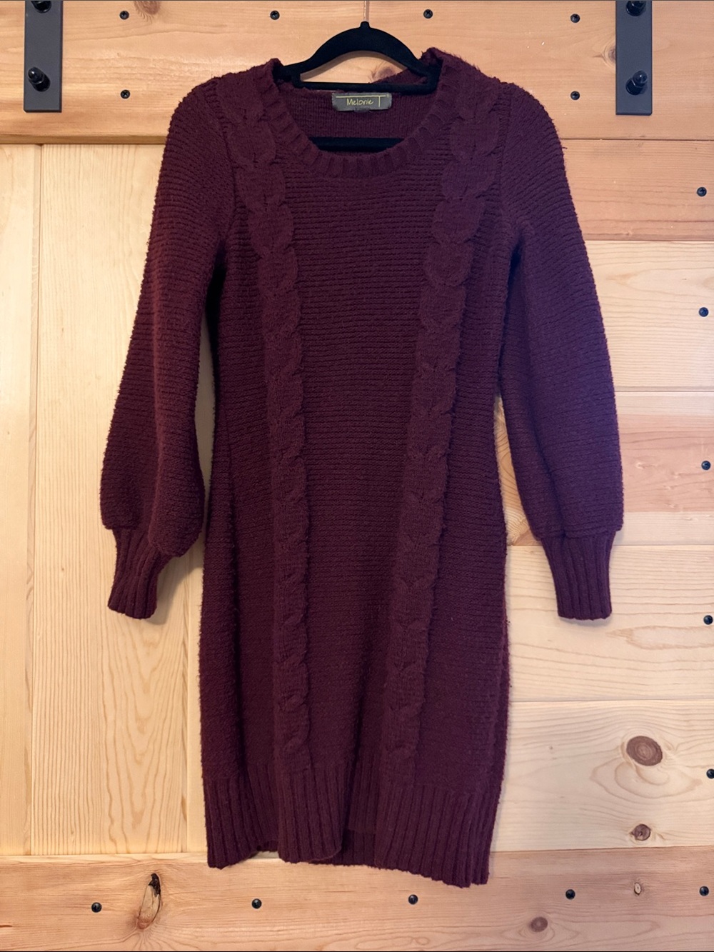 Burgundy Melonie Cable Knit Crewneck Sweater Dress in Burgundy